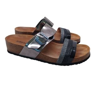 Adesso Sandals Silver Black Patent Metallic Two Strap Slip On Slides Womens 10.5